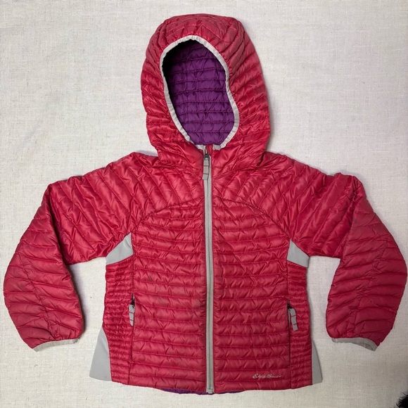 Eddie Bauer Girls XS Down Insulation Hooded Jacket Red Pink Warm Spring Winter - Picture 1 of 5